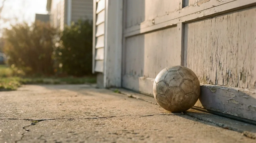 Soccer ball resting against a plain garage door on a driveway, the wall setup used for 15 minutes of daily first touch homework