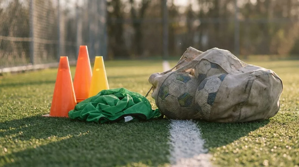 Training cones, a folded pinnie and a ball bag on synthetic turf next to a white touchline