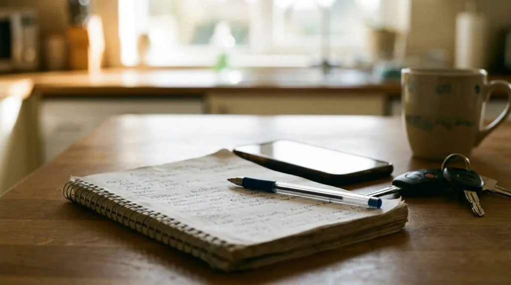 Notepad, pen, and phone on a kitchen table ready for a coach screening call