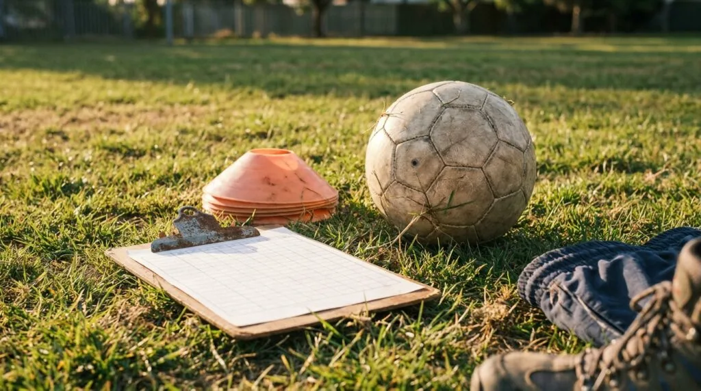 Soccer ball, orange cones, and a blank clipboard grid arranged on grass at a park field