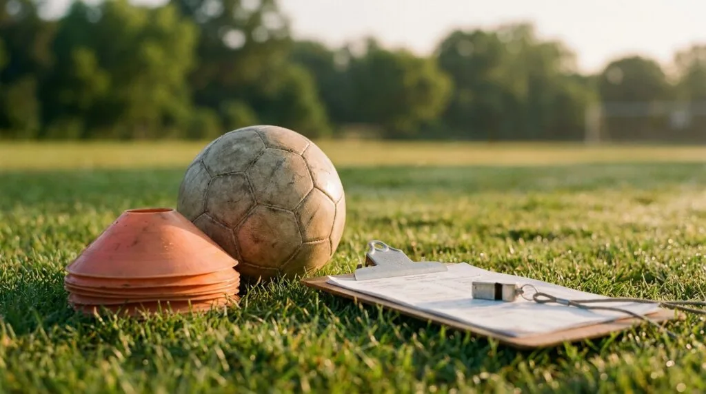 Training ball, stacked cones, clipboard and whistle arranged on a grass field