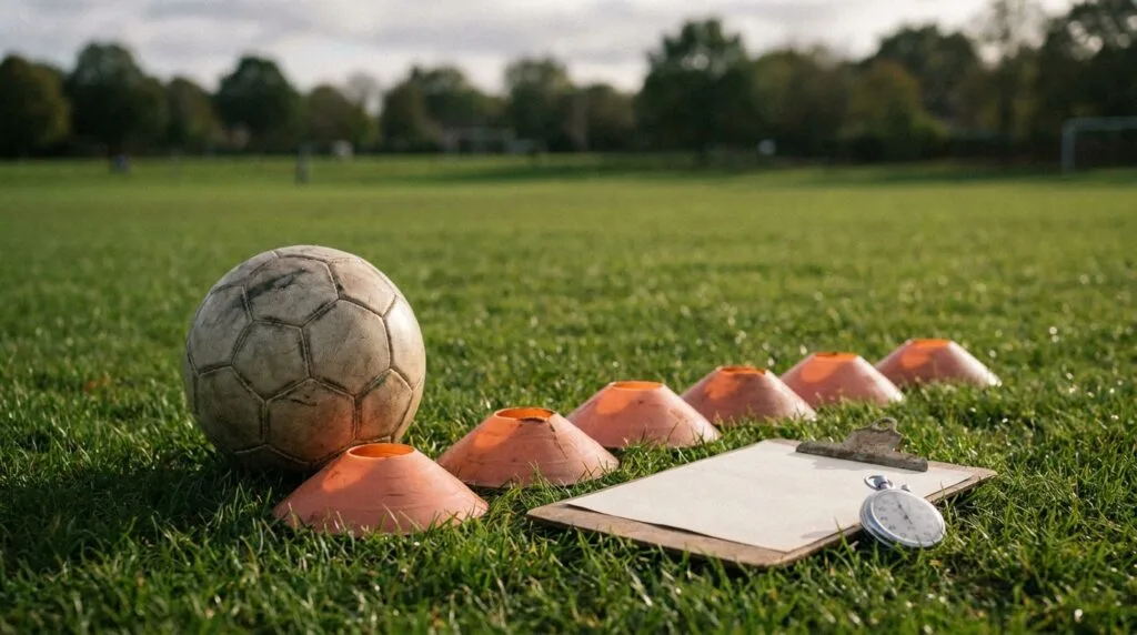 Soccer ball, training cones, blank clipboard and stopwatch arranged on a grass field