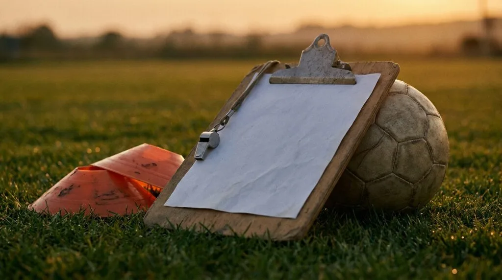 Clipboard, whistle, training cones and a worn soccer ball arranged on turf beside a field line