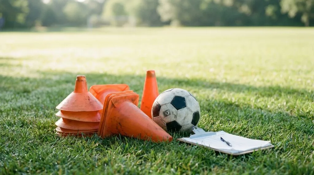Cones, a soccer ball and a clipboard laid out on a park turf field before training