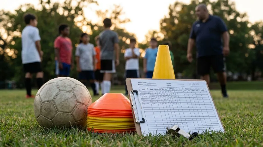 Soccer ball, cones, blank clipboard and whistle arranged on a grass training field